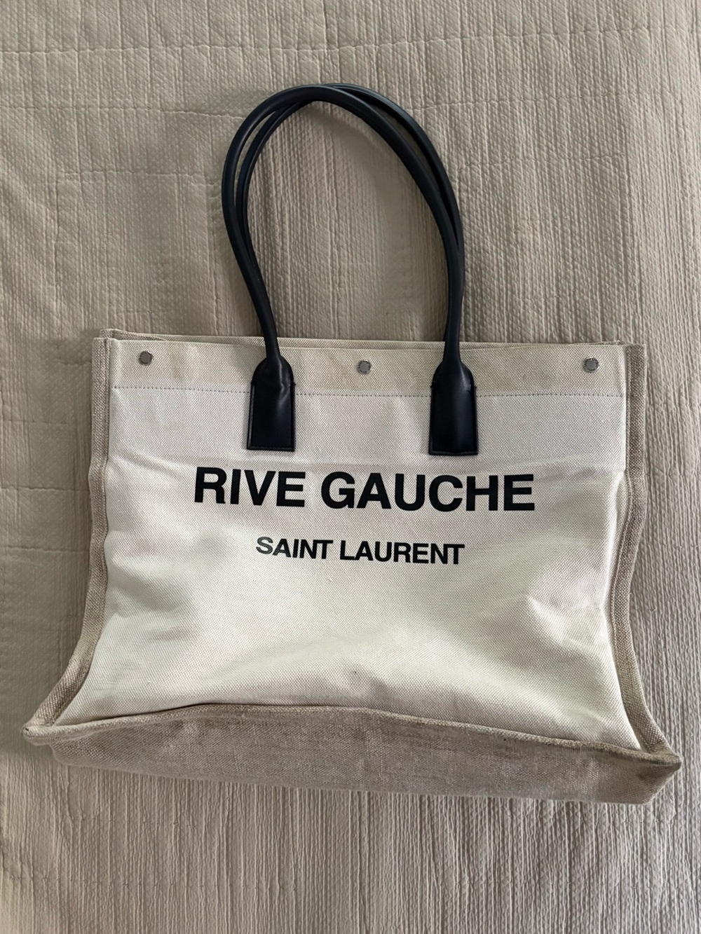 Saint Laurent Rive Gauche Canvas Tote in White, Beige and Black